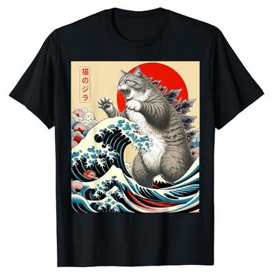 Котзилла Кот Японское Искусство Забавные Подарки с Котами для Мужчин Женщин Детей Футболка Юмористический Котёнок Графические Наряды Милый Любитель Котят Сказалка Футболка