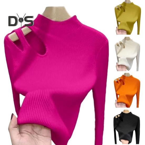Women Fall Winter Top Thick Knitted Half High Collar Long Sleeve Slim Fit Solid Color Hollow Out Elastic Pullover Soft Warm One Size Lady Sweater