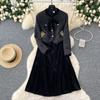 Women Korean Version Elegant Slim Fake Office Robe Spring Long Sleeved Round Neck Lace Patchwork High Waist A-line Pleat Dress