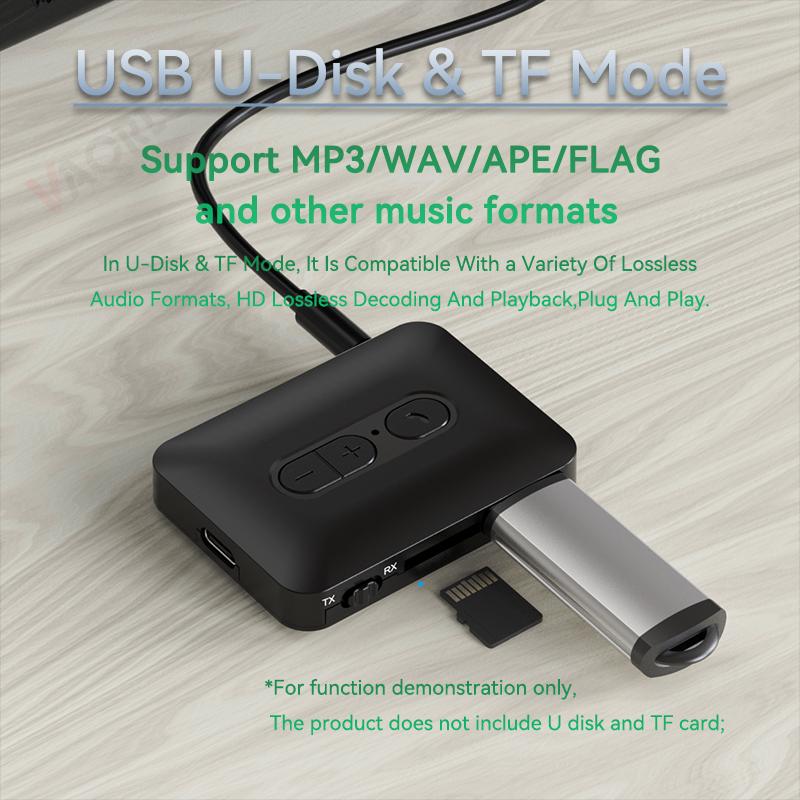 Bluetooth 5.4 аудио передатчик приемник 3.5 мм AUX USB U-диск TF карта воспроизведения беспроводной адаптер стерео музыка с микрофоном для автомобиля ТВ ПК