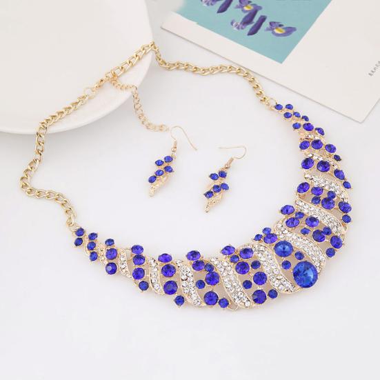 Women Rhinestone Spiral Bib Necklace Hook Earrings Statement Party Jewelry Set
