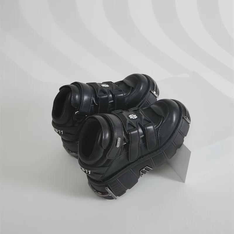 Женские кожаные ботинки в стиле панк Heavy Metal Low-Top 2024 года - толстая подошва, темный стиль мотоцикла