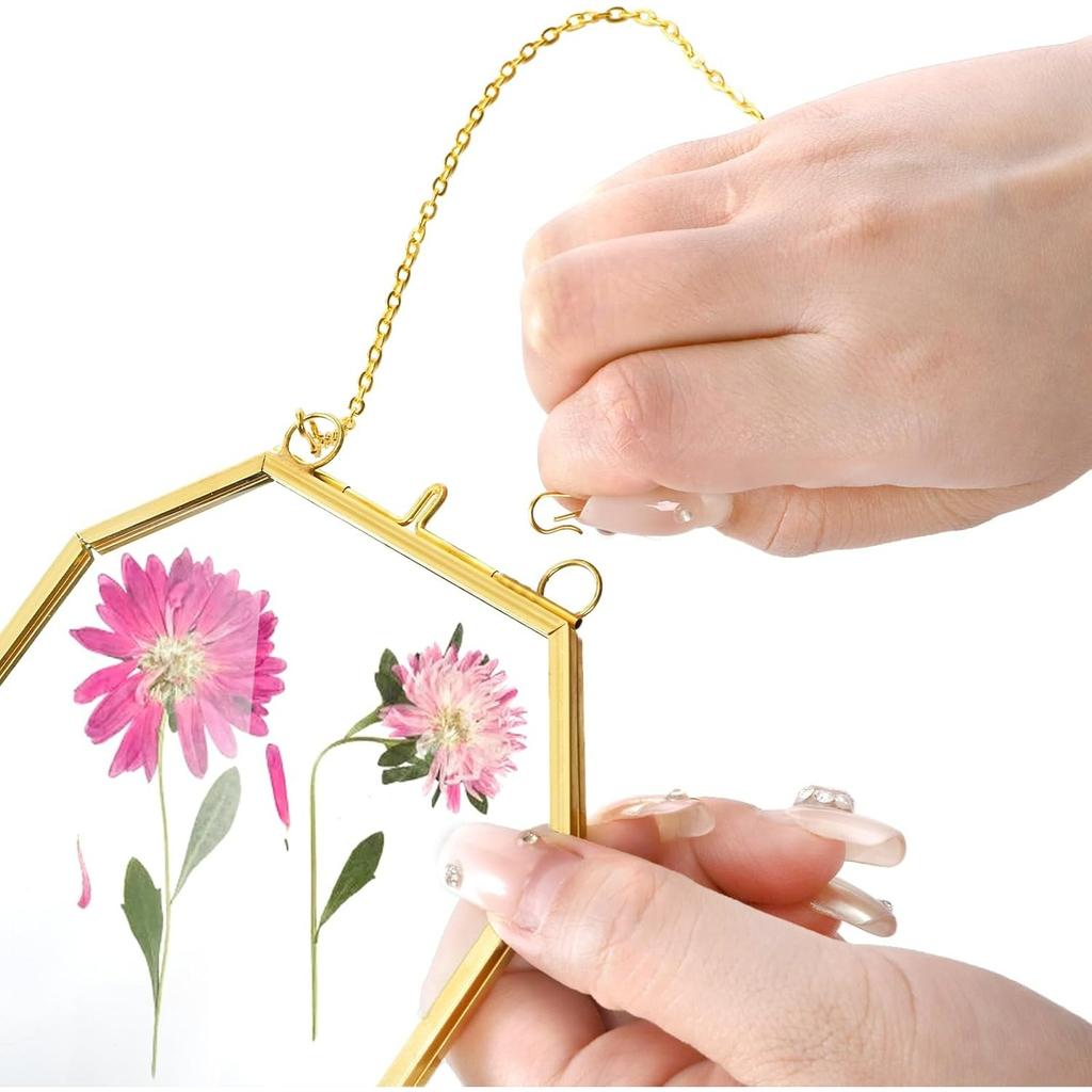 3 Pressed Flowers Glass Frames,Small Brass Floating Frame with Chain,Clear DIY Handmade Home Wall Decor for Displaying Artwork Dried Plant Specimen
