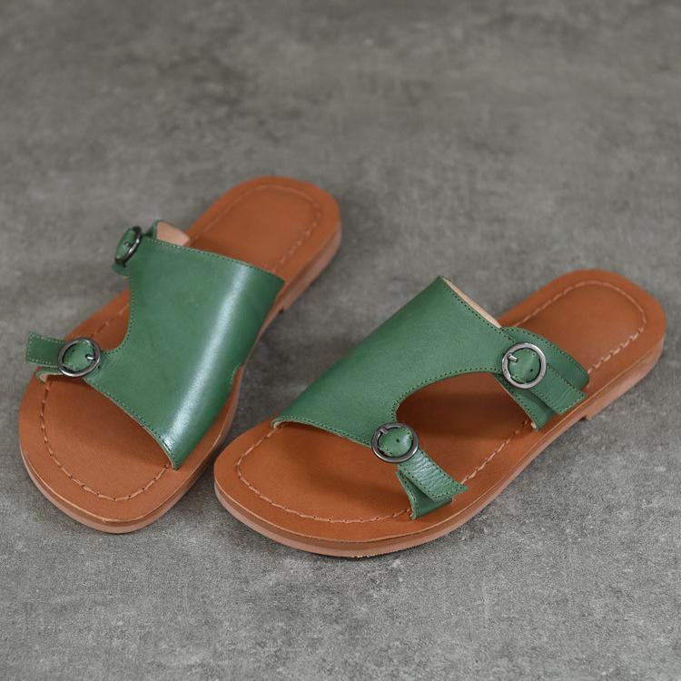 Johnature Retro Genuine Leather Flat Slippers Round Toe Solid Colors Soft Sole Women Outdoor Slides