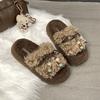 Bow Thick-bottomed Fluffy Slippers for Women's 2025 Winter New Outer Wear One-word Drag Internet Celebrity Plush Cotton Slippers Atmosphere