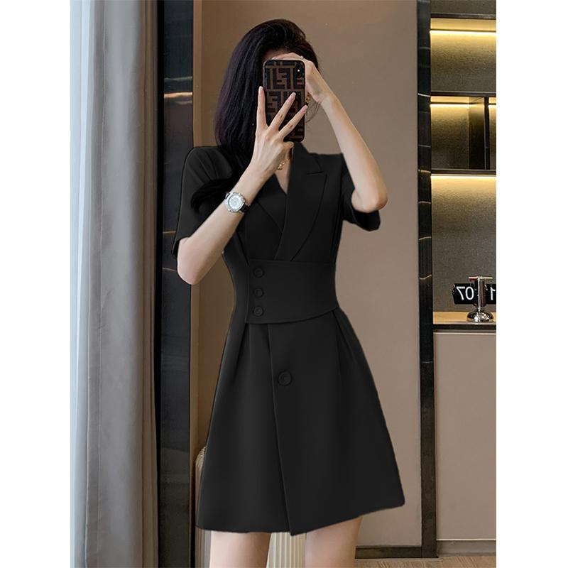 Летнее новое элегантное модное платье с талией для офисной леди, женское платье с коротким рукавом, темпераментное однотонное платье, праздничные платья, женская одежда