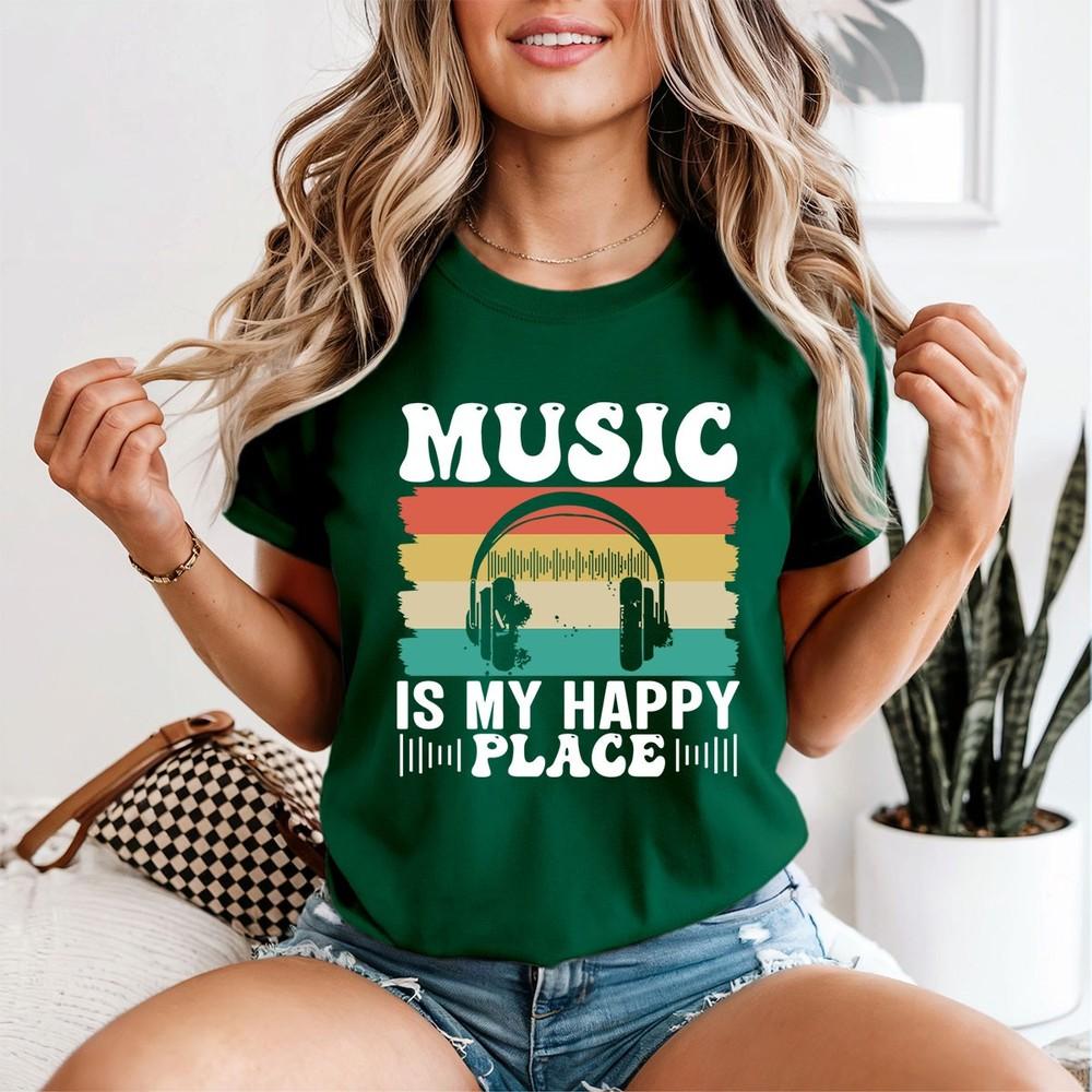 Music Is My Happy Place Music Lover Unisexs TShirt Retro Headphones