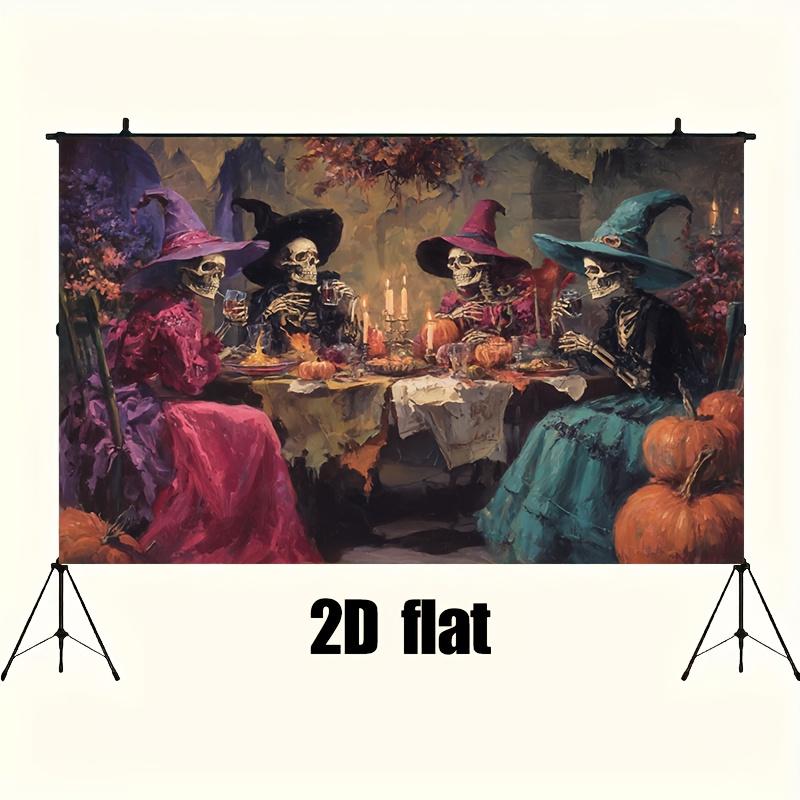 2D plane, 1 Gothic Halloween party background banner - 2D plane design of a skull-witch tea party