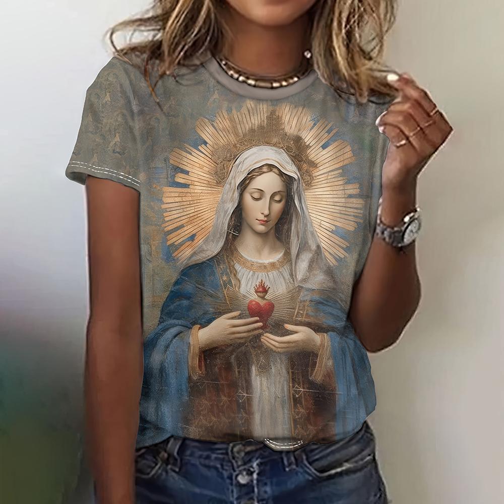 Women's retro T-shirt, cross printed T-shirt, Jesus retro T-shirt, round neck casual short sleeved, loose summer T-shirt