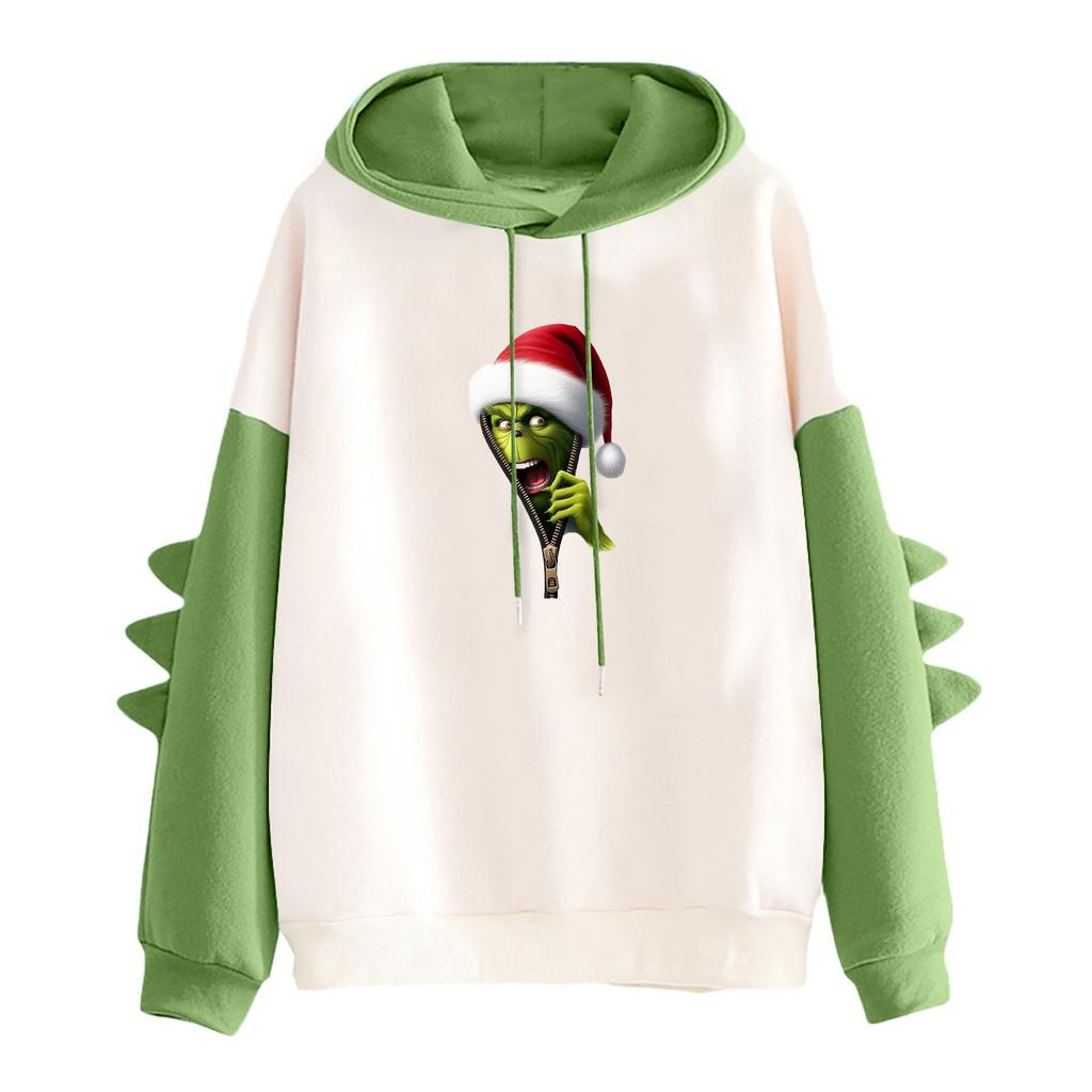 Women's Christmas Printed Contrasting Dinosaur Loose Casual Hoodie