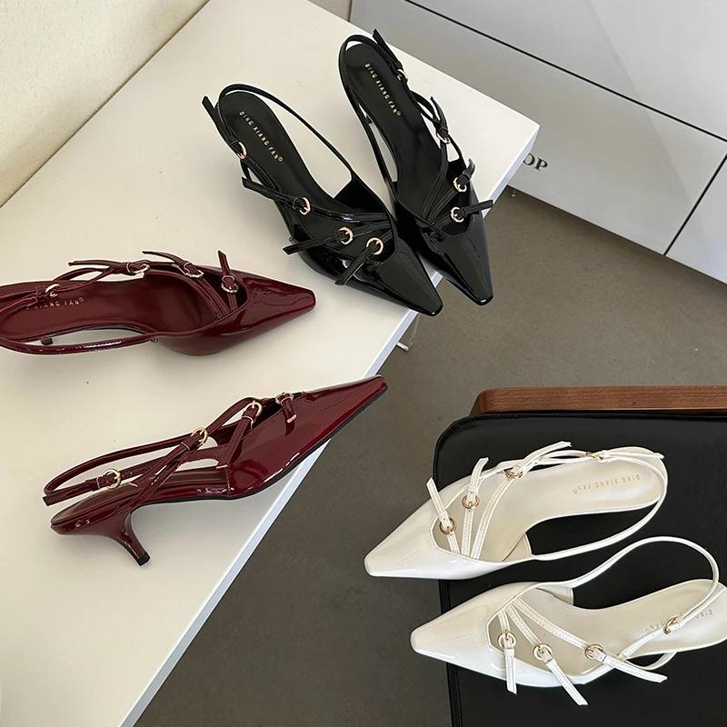 Модные туфли с пряжкой и узким ремешком на плоской подошве, женские, 2024, новые летние сандалии для платья, женские туфли-лодочки с острым носком и тонким каблуком