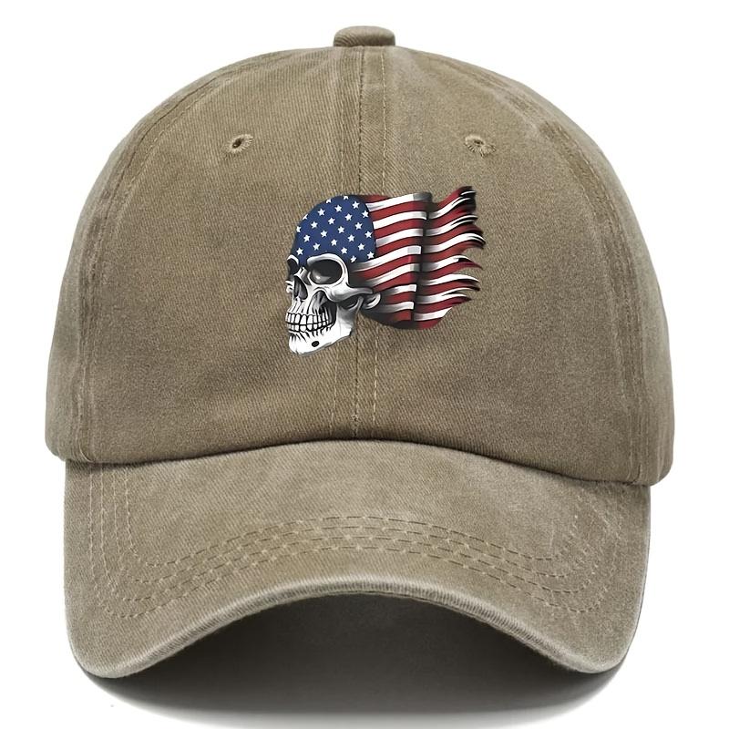 VintageStyle Washed Baseball Cap with American Flag Skull Print Adjustable Distressed Dad Hat for Men