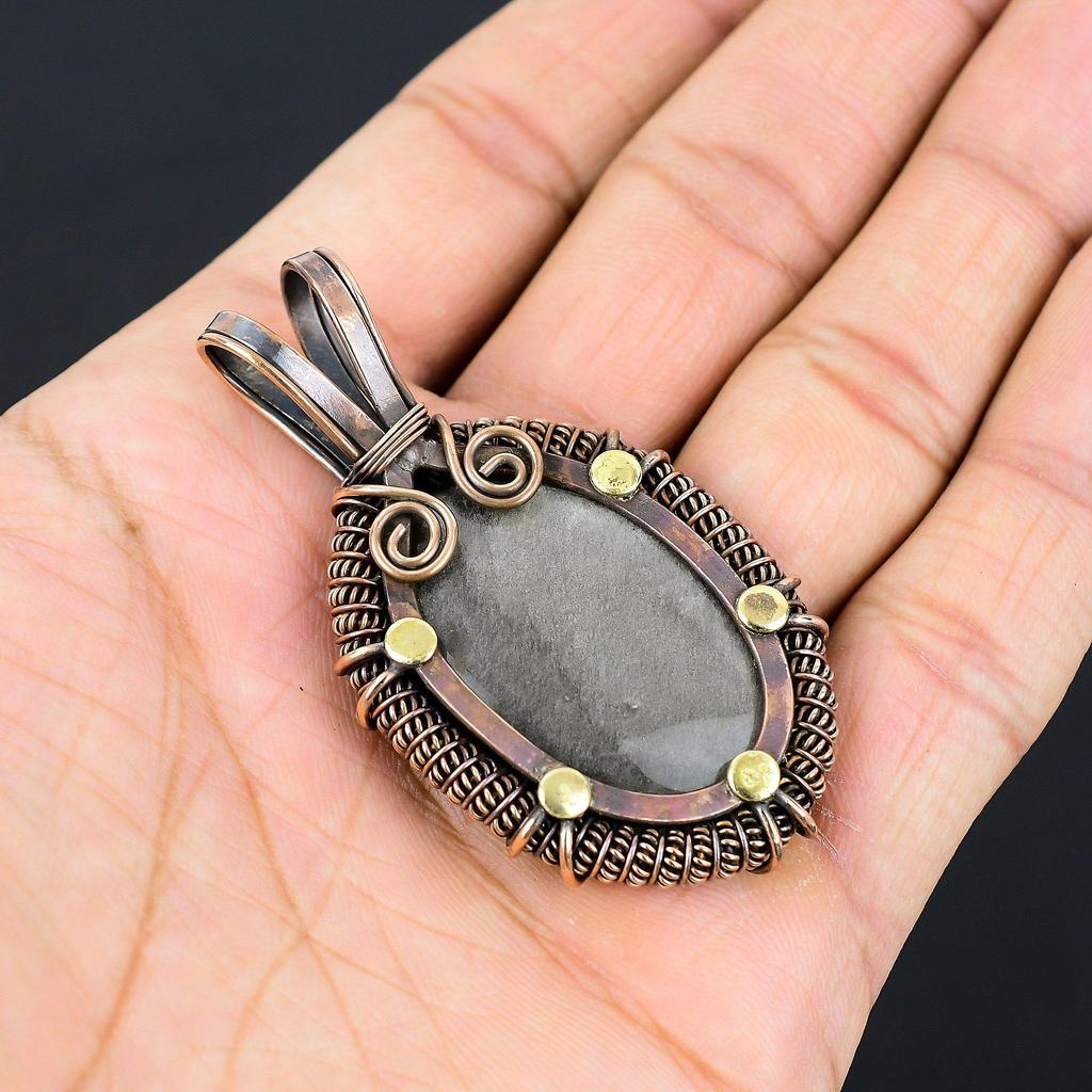 Серебряный блеск обсидиана, драгоценный камень, чистая медная проволока, обернутая подвеской ручной работы, ювелирные изделия