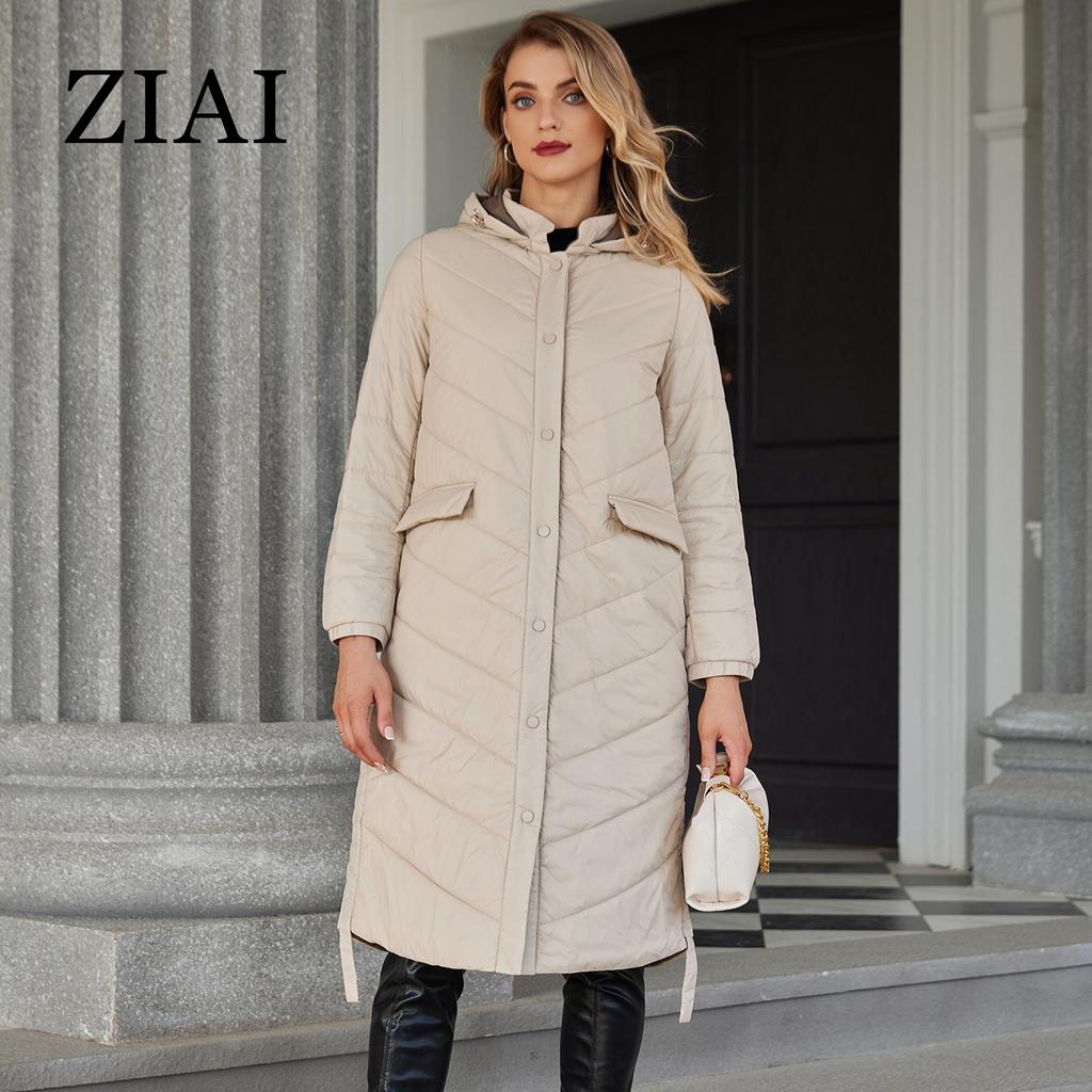 ziai Осенне-зимняя женская куртка, длинное теплое стеганое пальто с капюшоном, однотонная свободная стеганая парка, женская одежда для девочек ZM-20494