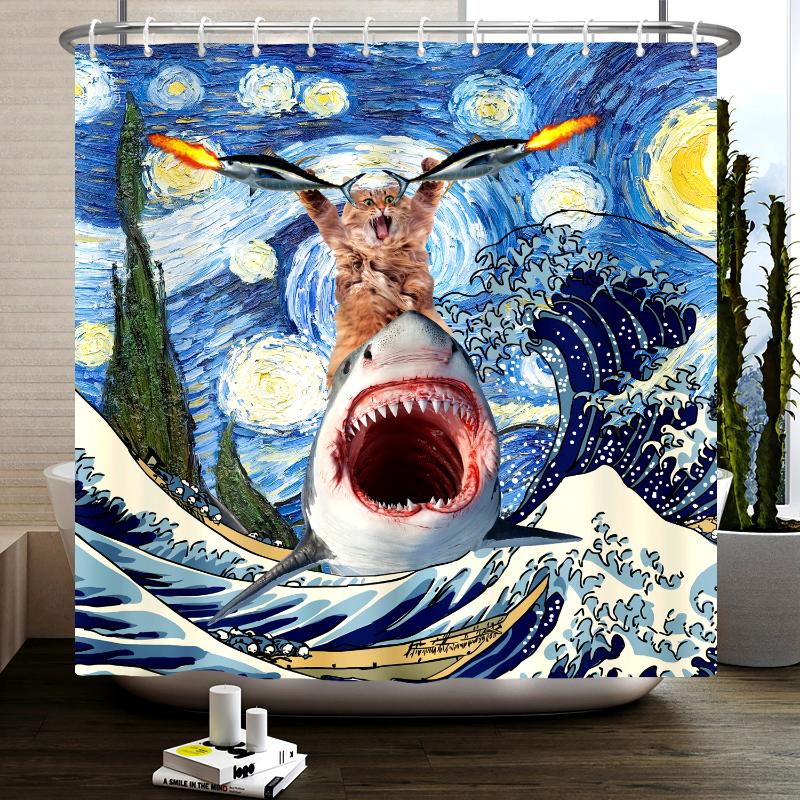 Забавная занавеска для душа с котом, крутая занавеска для ванной с изображением кота-динозавра, японская океанская волна, декоративная ткань, занавеска для ванной комнаты, детская деревенская деревянная занавеска для ванны