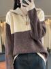 Color Block Wool Cashmere Sweater - Women's High-End Knitted Half-Open Collar Top