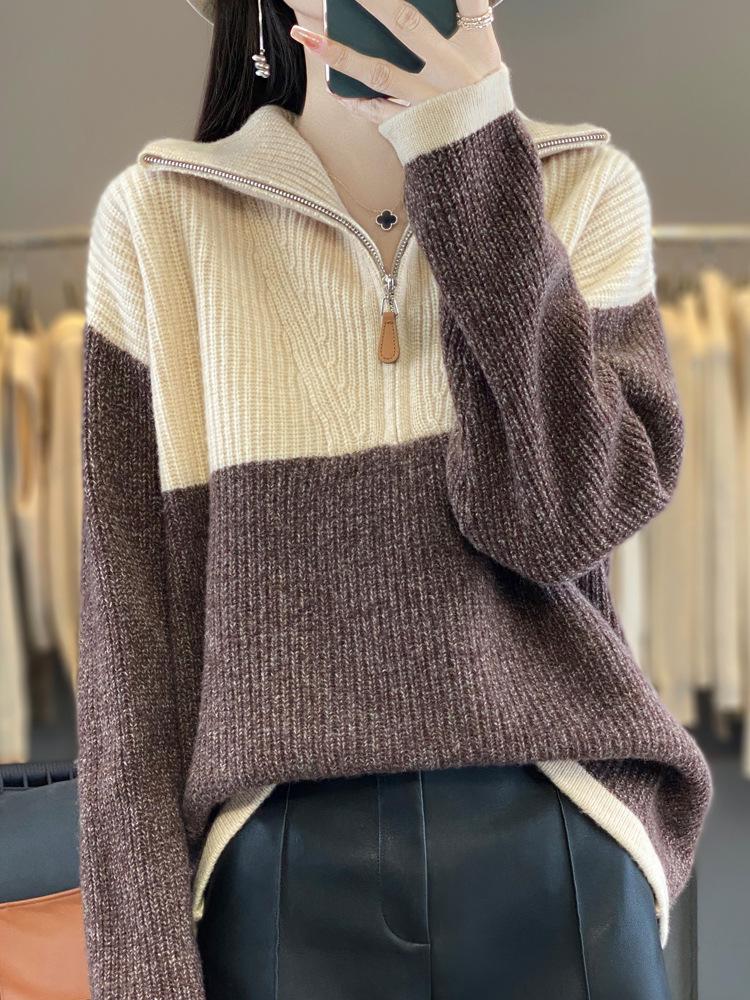Color Block Wool Cashmere Sweater - Women's High-End Knitted Half-Open Collar Top