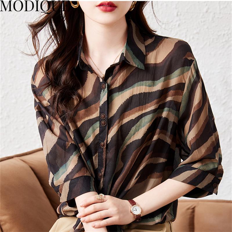 MODIQUE/летняя женская хлопково-льняная блузка больших размеров с принтом, волнистый вырез, летние офисные женские пальто, большие пуговицы-поло