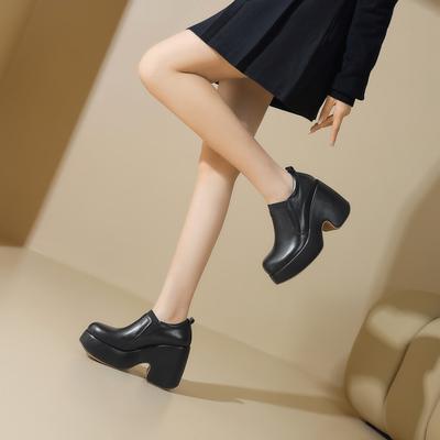 Британский стиль платформа кожаные туфли-лодочки 2025 весна и осень новые супер высокий каблук глубокий вырез кожаные туфли круглый носок толстый каблук лоферы женские