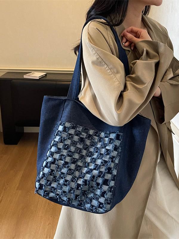 Зима 2025 Клетчатая Сумка из Вареного Денима с Вышивкой - Большая Вместительная Сумка через Плечо