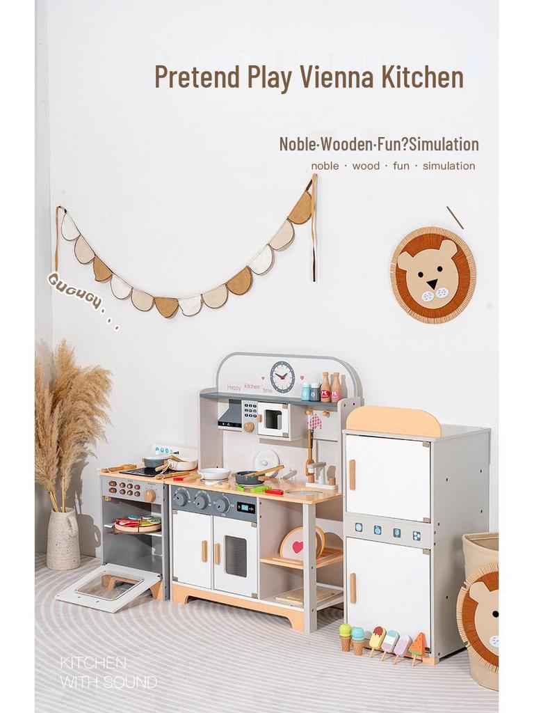 Children's Nordic Style Wooden Play Kitchen Set with Fridge and Oven