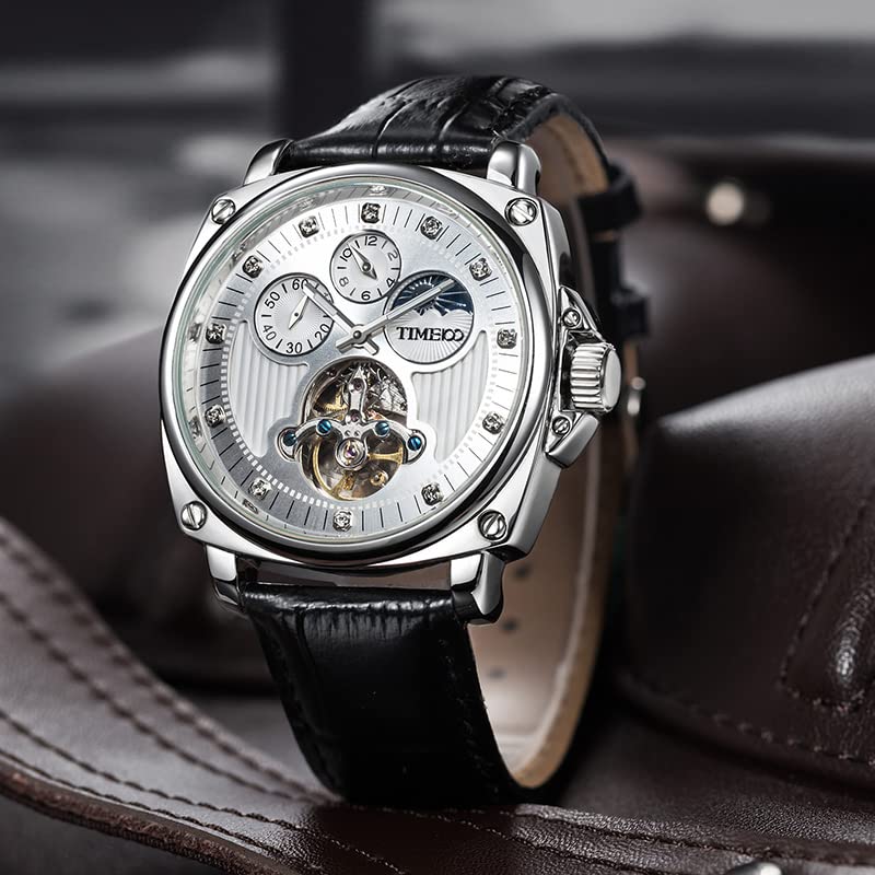 TIME100 Популярные часы Часы Автоматические механические Модные водонепроницаемые сплав Черный кожаный ремень Офисный работник Взрослый мужественный Time100 Коллекция Серебряный
