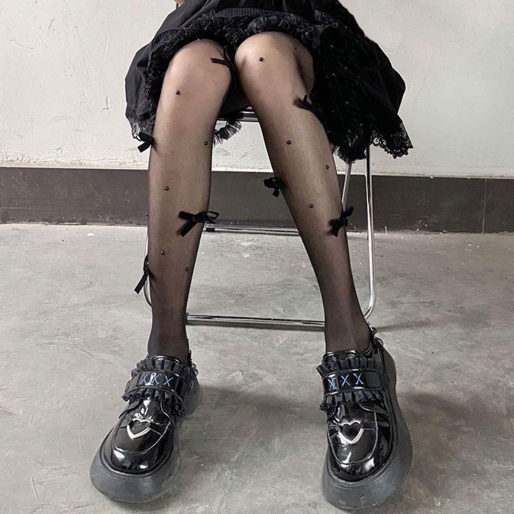 Прозрачные колготки с бантиком и жемчугом, сетчатые леггинсы, женские, в японском стиле JK, Лолита, колготки для дам