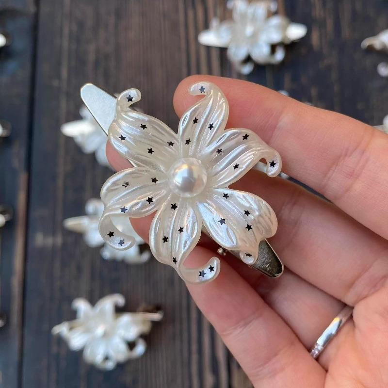 2pcs Elegant Lily Hair Clips Sets Harajuku Vintage Star Pattern Pearl Floral Hairpin Hair Accessories Girls Faionable Hairclips