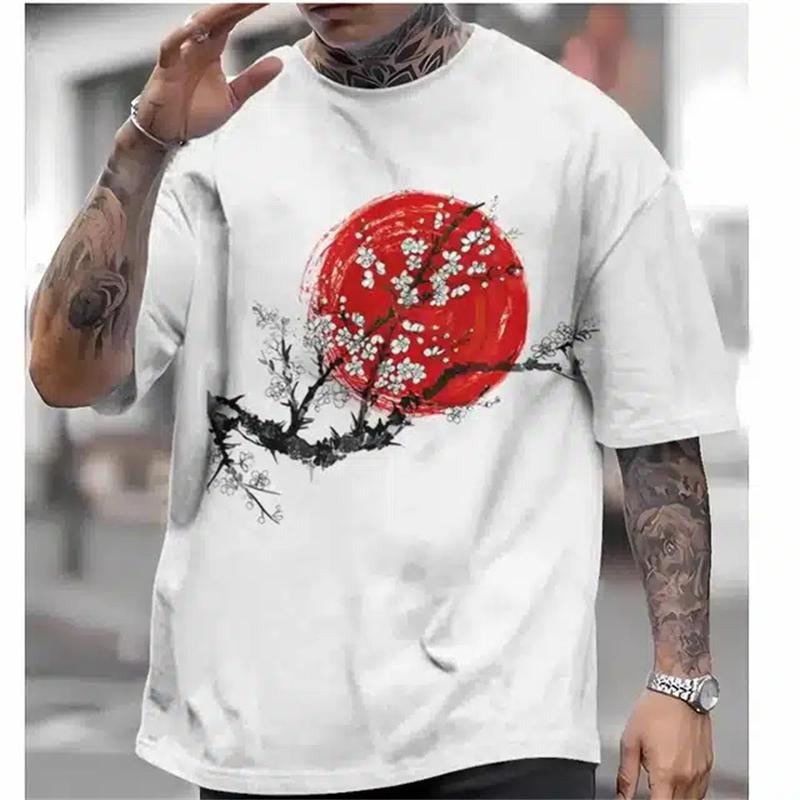 Japanese Ukiyo-E Printed Men's T-Shirt Vintage Summer Men's Short-Sleeved T-Shirt Oversized Round Neck Top Street Harajuku Tops