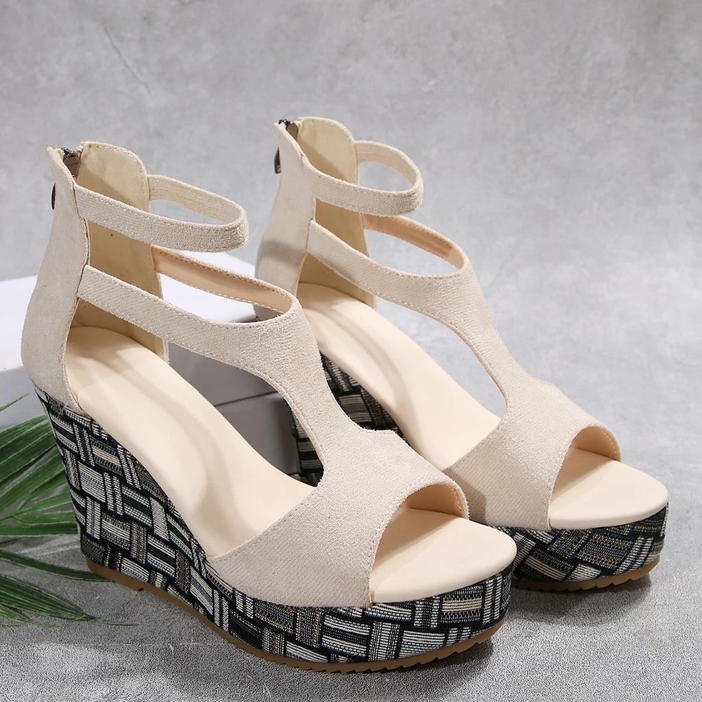 2025 Летние женские босоножки на танкетке с толстой подошвой и открытым носком, на высоком каблуке, большого размера, удобные туфли на платформе