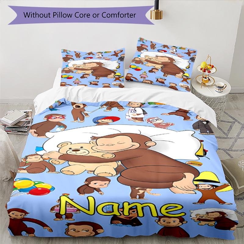 3pcs Custom Name Curious George Bedding Set Duvet Cover Closure Includes 1 Duvet Cover & 2 Pillowcases, Soft and Comfortable for All Seasons.