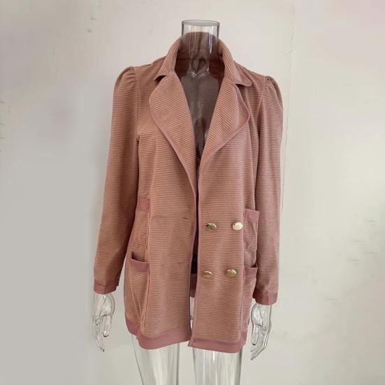 Women's Long Sleeve Tweed Double Breasted Blazer Jacket Notched Lapel Ribbed Open Front Fall Coat with Pockets