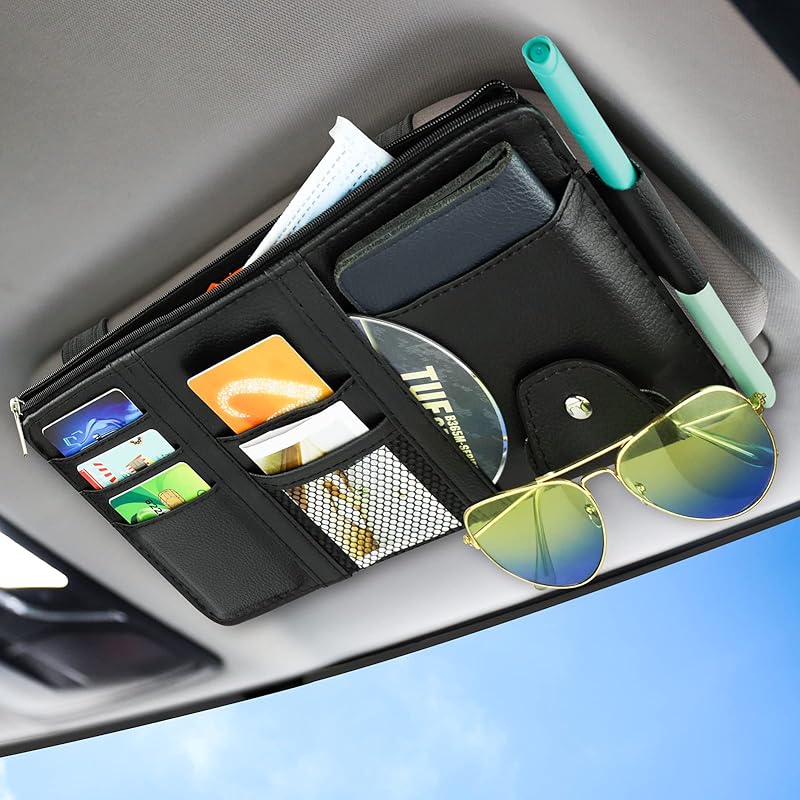 Car Sun Visor Organizer, Leather Pocket Organizer Sunglass Holder For Car Interior Accessories With Multi-Pocket Net Zipper (Beige)