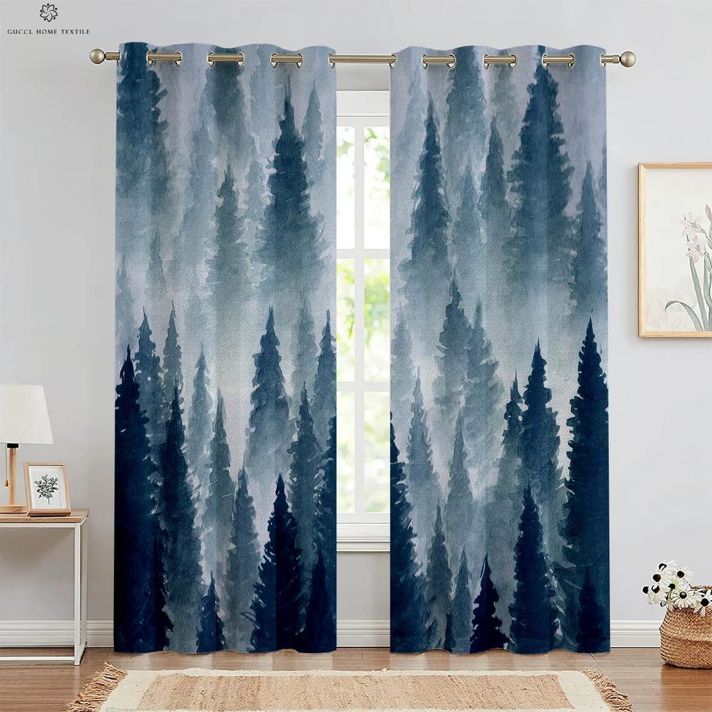 Шторы Misty Forest Green Autumn Woods с 3D-печатью, подходят для спальни, гостиной, кабинета, кухни, 2 шт.