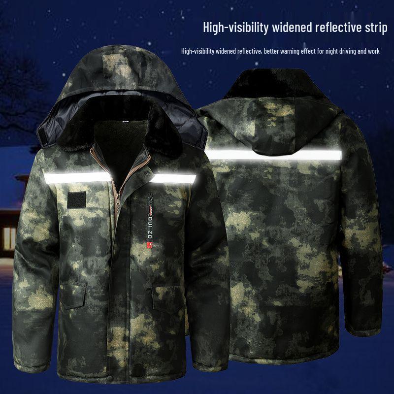 Windproof Camouflage Fleece-Lined Military Overcoat: Cold-Resistant, Waterproof, Mid-Length, Cotton-Padded Jacket for Cold Storage Labor Protection