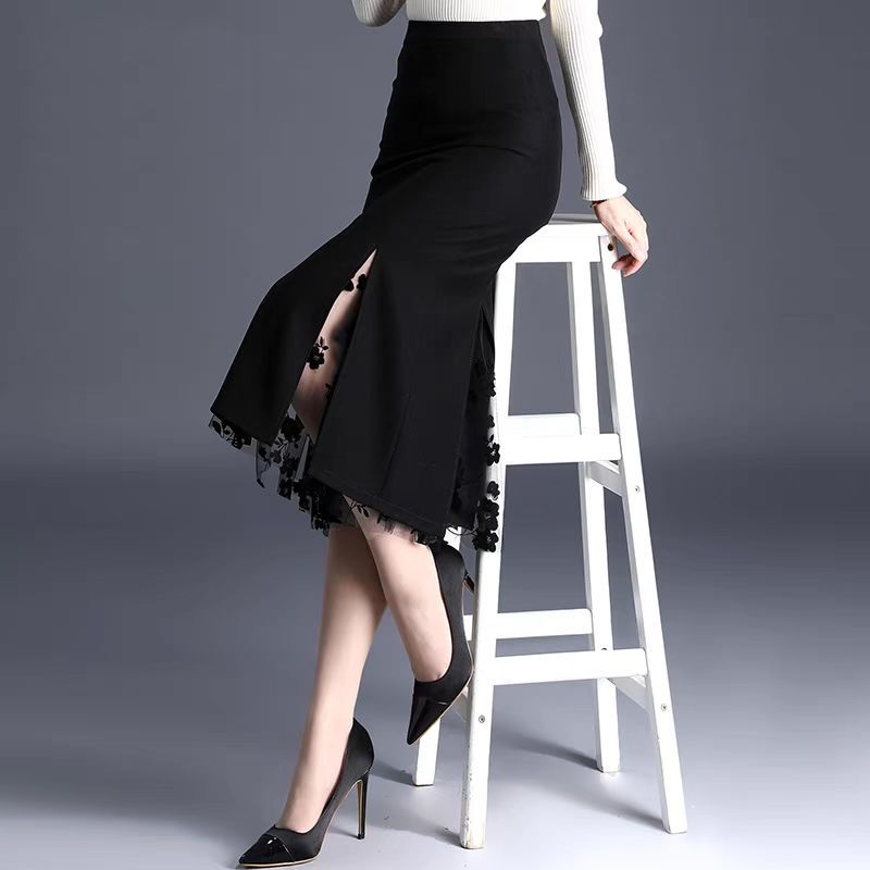 Women Spring Summer Irregular Mesh Skirt Band Splice High Waist Skirt Knee Khaki Split Office Lady Skirt