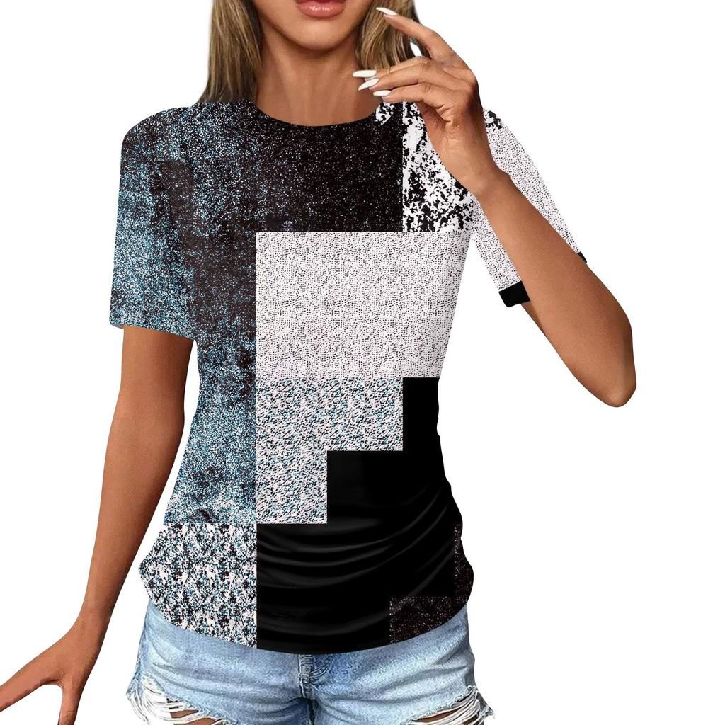 Женские футболки, модные повседневные топы с круглым вырезом и коротким рукавом, туника с принтом
