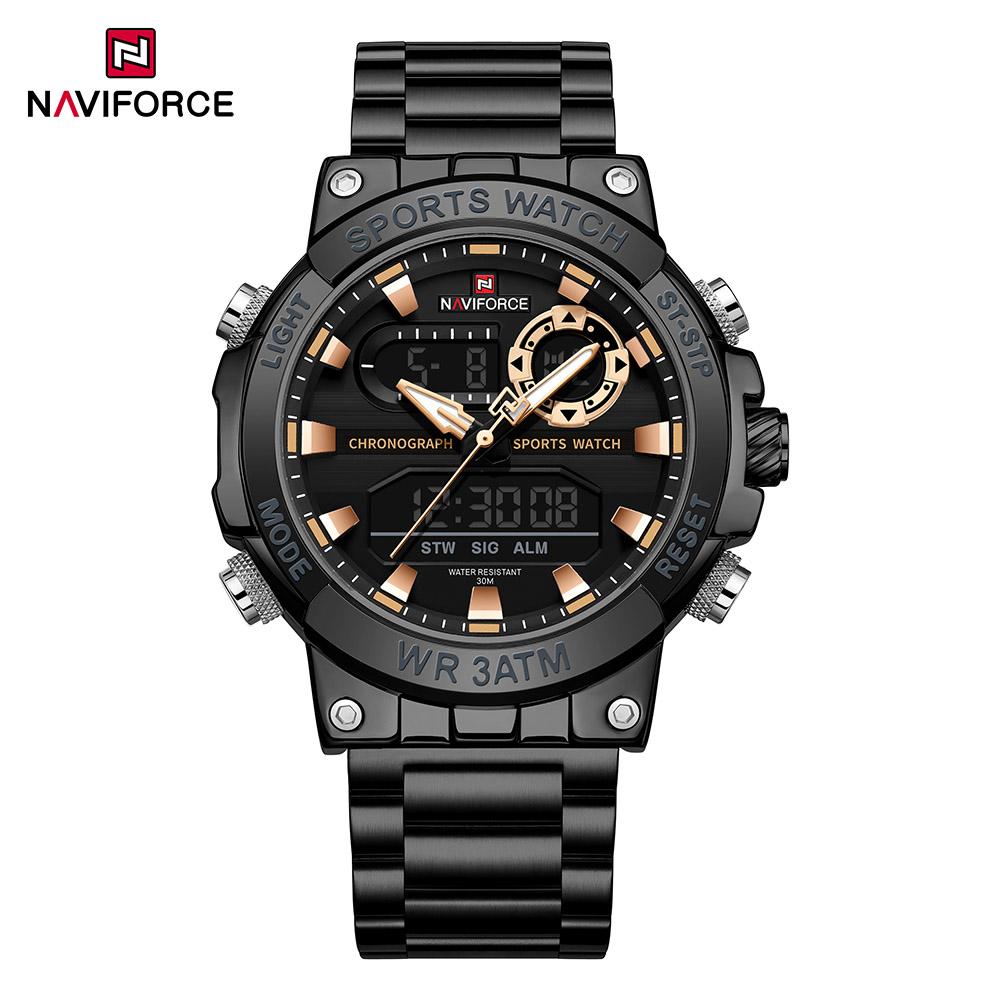 Naviforce Оригинальные мужские часы с цифровым дисплеем, кварцевые, с календарем, наручные, с браслетом из нержавеющей стали, люминесцентные, водонепроницаемые, модные мужские часы NF9237