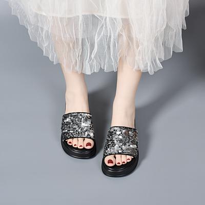 Шлепанцы на толстой подошве женские летние шлепанцы-маффины и сандалии с открытым носком на танкетке с пайетками