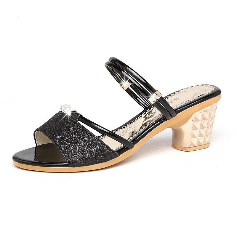 Летние сандалии двойного назначения, женские туфли на среднем каблуке, толстом каблуке, корейский стиль, женская обувь с пряжкой «рыбий рот», бисером и дрелью