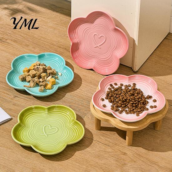 Ergonomic Cat Feeding Station Elevated Ceramic Pet Bowl with Raised Stand, Flower Shape Whisker Friendly Dish Plate for Neck Protection, Anti