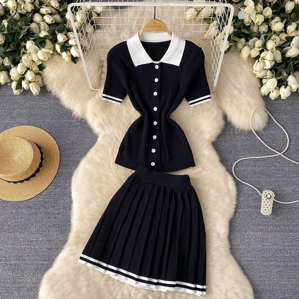 Sweet Two 2 Pieces College Set for Women Summer Sexy Polo Collar Short Sleeve Buttons Knit Top and Elastic Waist Mini Pleated Skirt Suits