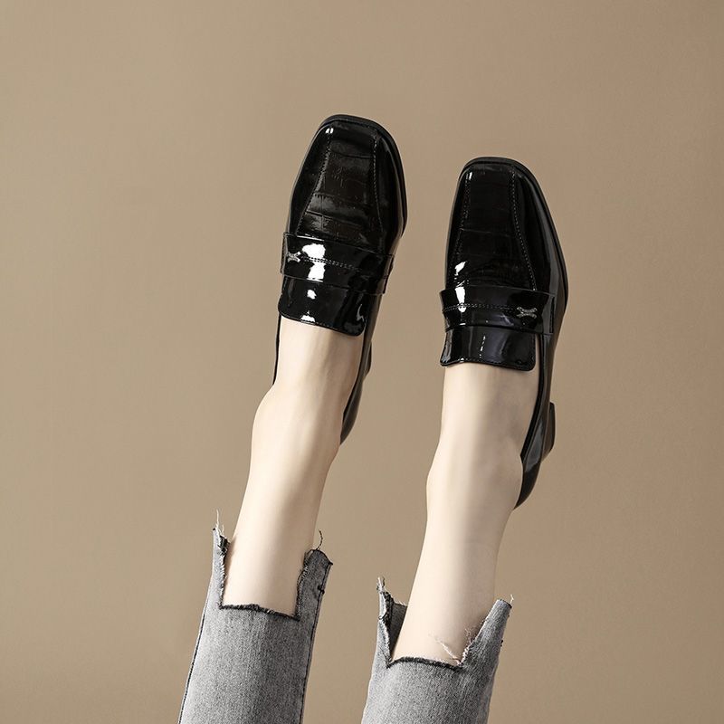 Женская летняя обувь Офисная обувь для женщин 2024 года Повседневные туфли из обычной кожи на толстом каблуке Черный блочный каблук со средним квадратным носком E