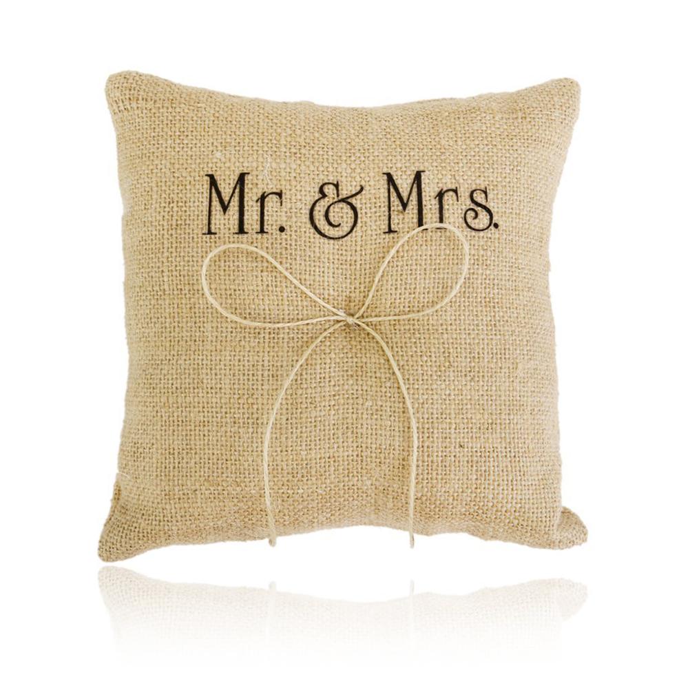 Подушка для колец в деревенском стиле Mr & Mrs Burlap из джутовой бечевки и шпагата Подушка для колец в форме сердца с двумя сердечками Подушка для держателя колец