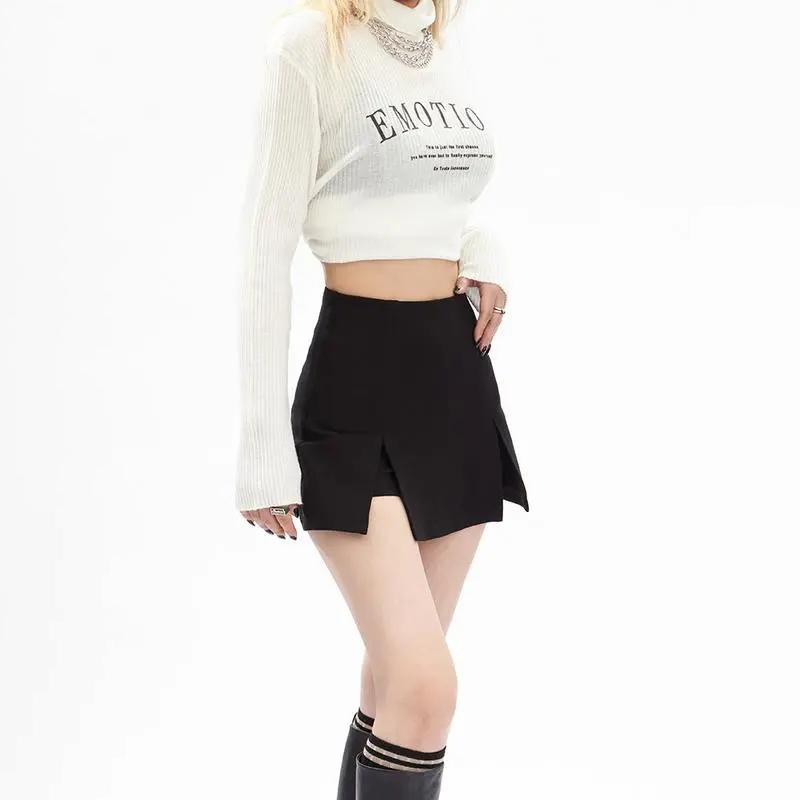 Сексуальные юбки с разрезом, женские черные модные облегающие юбки, универсальная уличная одежда, летняя женская асимметричная мини-сексуальная корейская Y2k