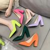 Shoes for Woman 2024 Normal Leather Casual Women's Summer Footwear Pointed Toe Square Heels Super High Heel Green Pink Stylish A