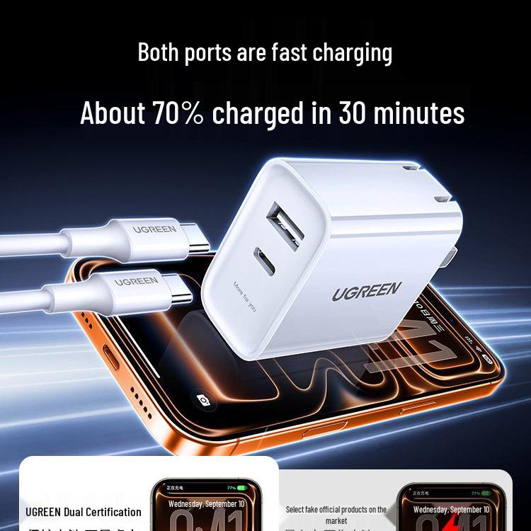 UGREEN 30 Вт двухпортовое зарядное устройство для iPhone 15/13, iPad, Huawei, Android