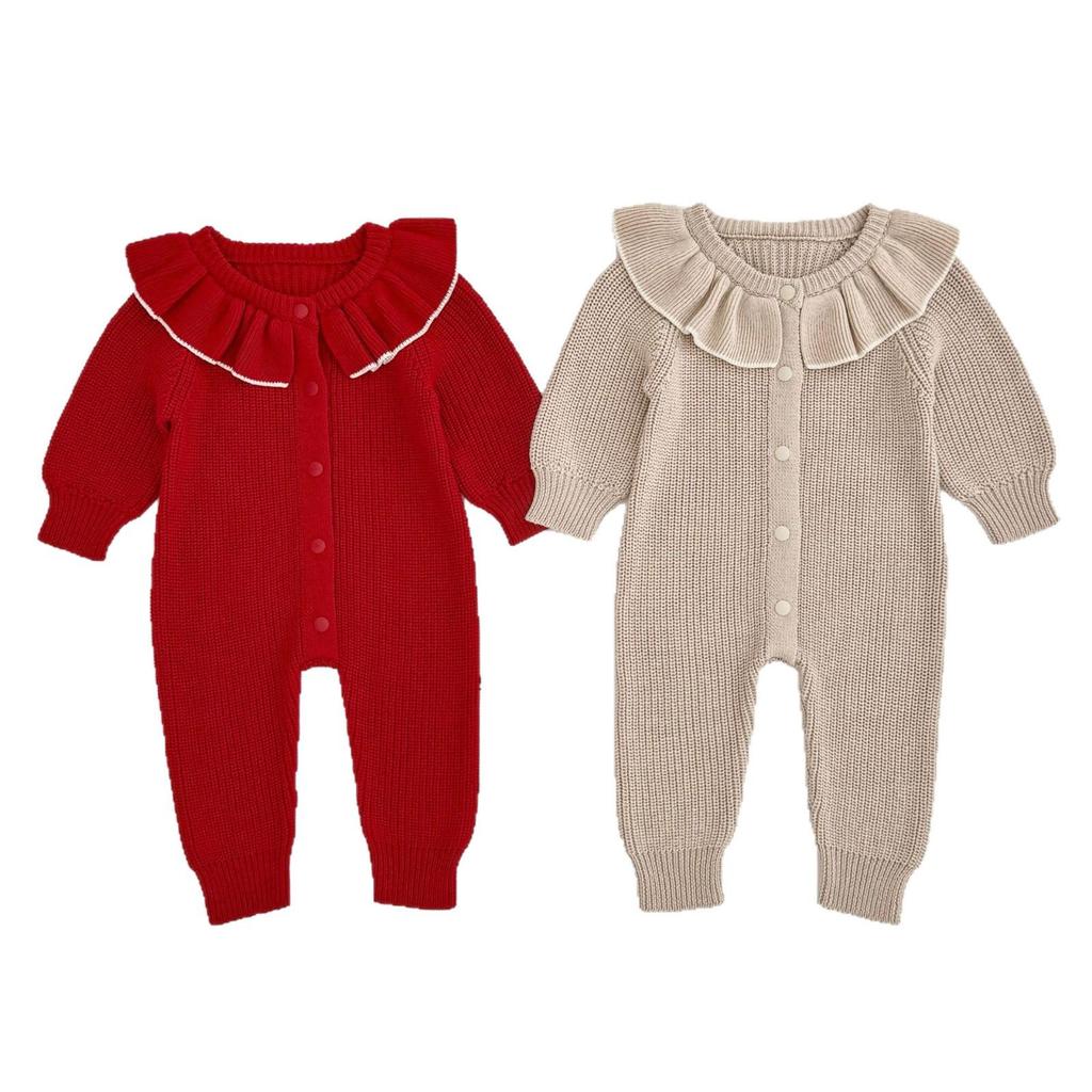 Хлопковый ромпер с длинным рукавом для девочки с воротником-рюшем на весну/осень