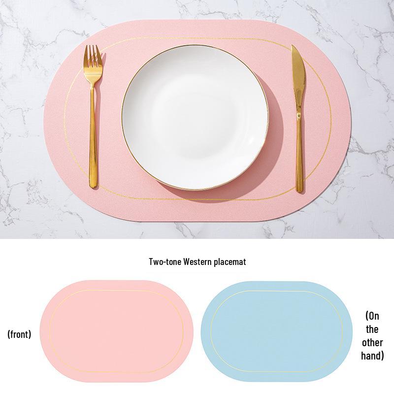 Nordic Two-Tone Oval Leather Placemat - Waterproof, Oil-Proof, Heat-Resistant.