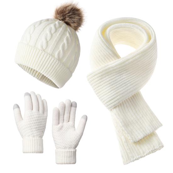 3 шт./компл. Женский зимний набор шапка, шарф, перчатки, шапка вязаная фактурой «косы», украшенная плюшевым помпоном, длинный шарф, теплый комплект перчаток